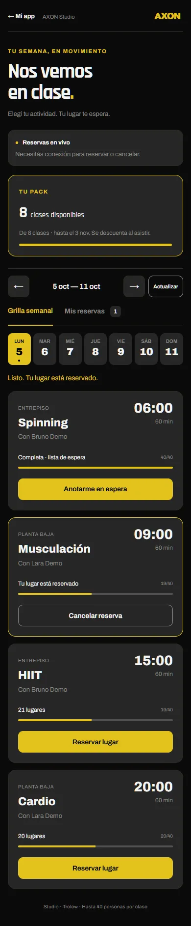 Captura real de una demostración: grilla de clases y cupos con reservas y lista de espera. Se muestra un recorte sin marca del gimnasio de muestra.